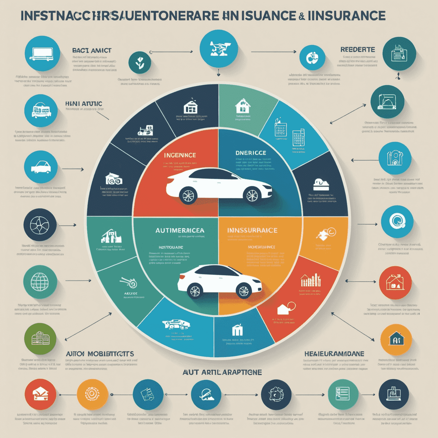 Infografika przedstawiająca różne typy ubezpieczeń: zdrowotne, na życie, majątkowe i samochodowe