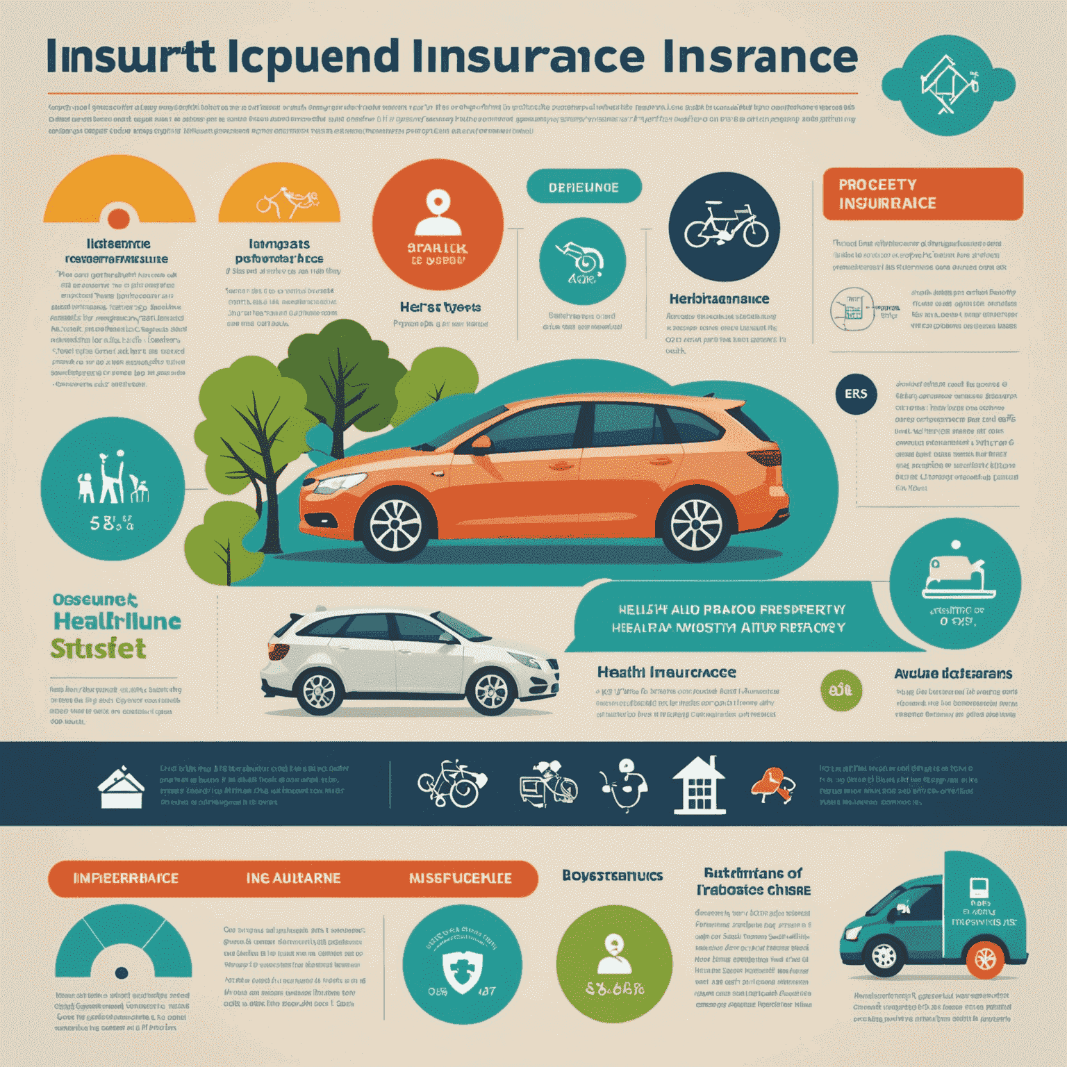Infografika przedstawiająca różne rodzaje ubezpieczeń: zdrowotne, na życie, majątkowe i samochodowe