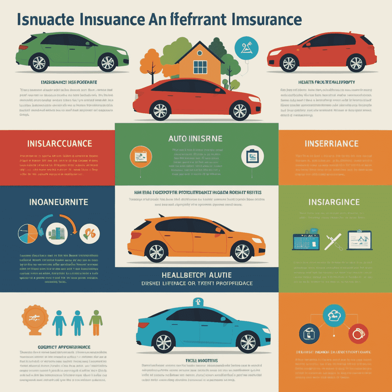 Infografika przedstawiająca różne rodzaje ubezpieczeń: zdrowotne, na życie, majątkowe i samochodowe