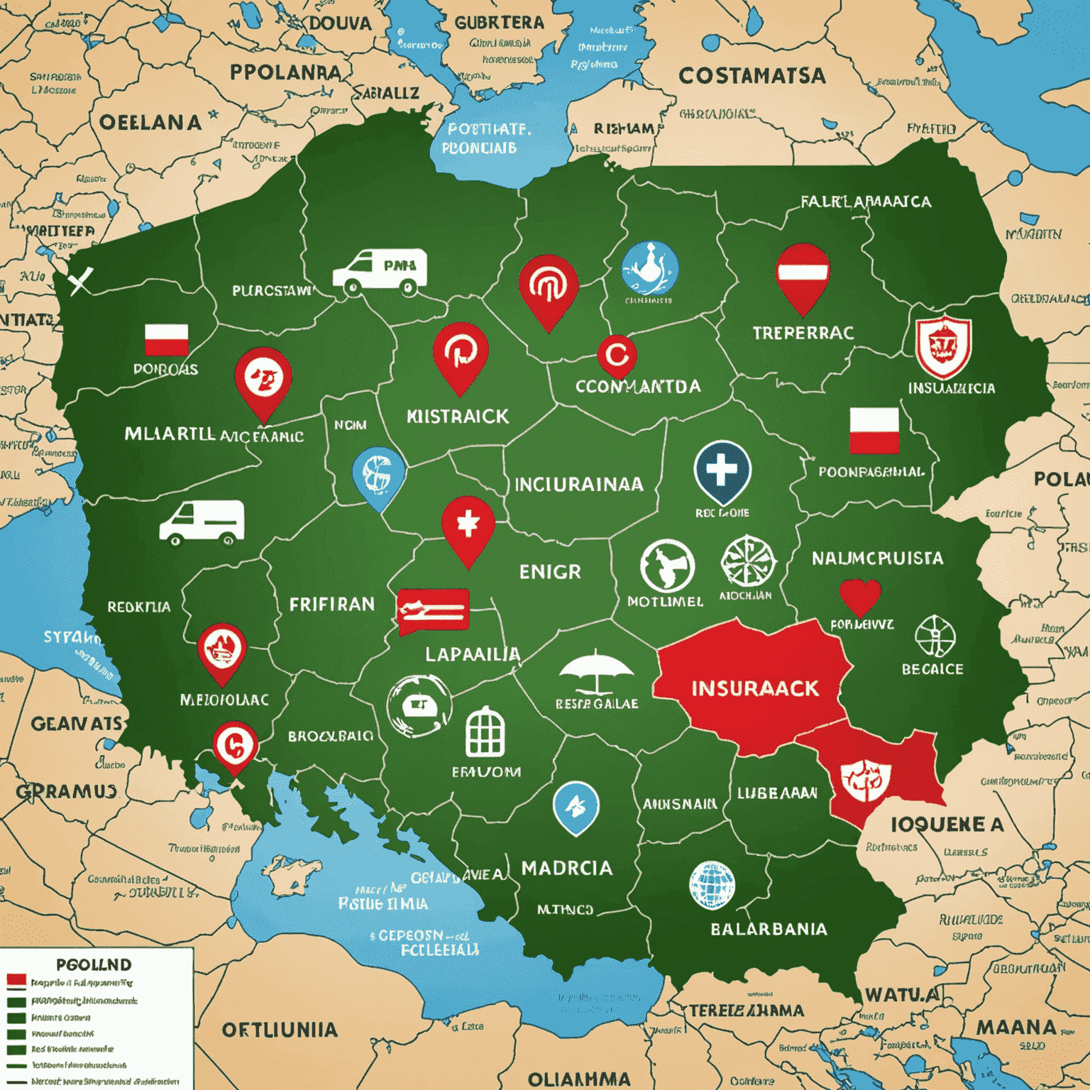 Mapa Polski z zaznaczonymi głównymi firmami ubezpieczeniowymi i symbolami reprezentującymi regulacje i prawa konsumentów